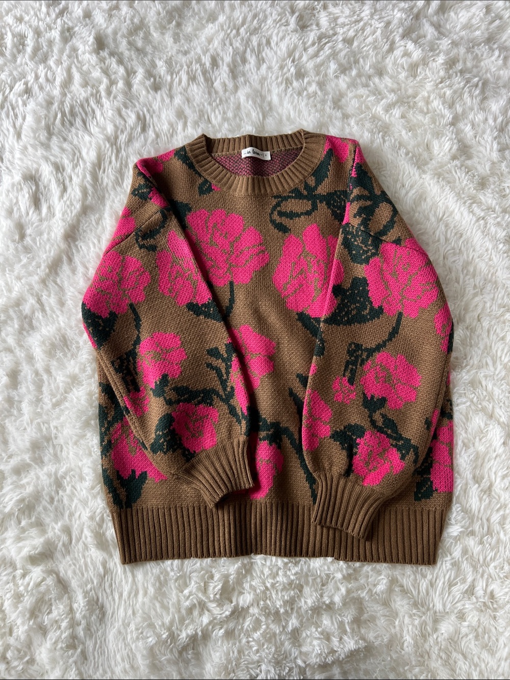 Women's Brown Crewneck Sweater with Pink Floral Pattern